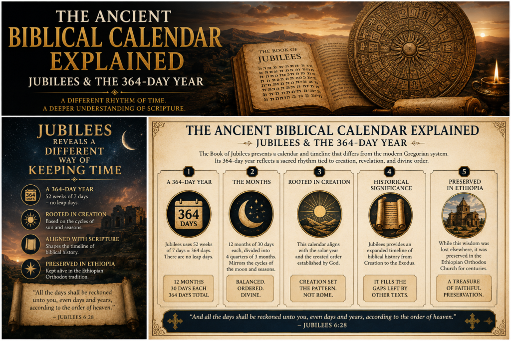 Most of the world runs on a calendar that drifts. The Gregorian system adds leap days every four years to approximate the solar year, and still falls short of precision by 11 minutes and 14 seconds annually. But the Book of Jubilees describes an alternative: a perfect 364-day year of 52 weeks, divided into four equal quarters, built on the architecture of creation itself. That calendar survived. Ethiopia kept it.