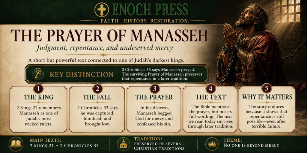One biblical book remembers Manasseh as the king whose evil helped doom Judah. Another says he was taken away, humbled himself, prayed, and was restored. Centuries later, a short prayer appeared in his name. Here is the story of the Prayer of Manasseh—and the mercy question it refuses to let go.