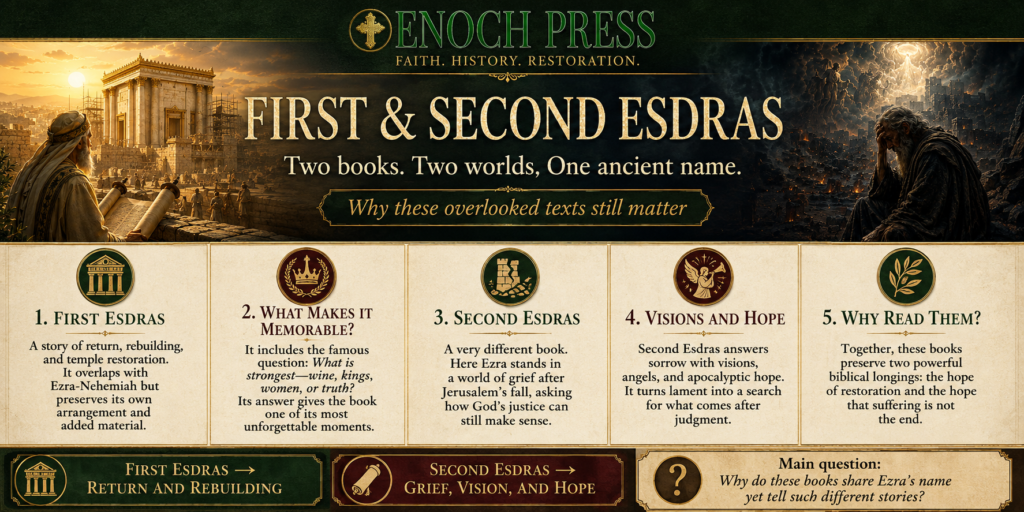 First and Second Esdras share a name but tell very different stories. One follows exile and return; the other wrestles with Jerusalem’s destruction, divine justice, and apocalyptic hope.